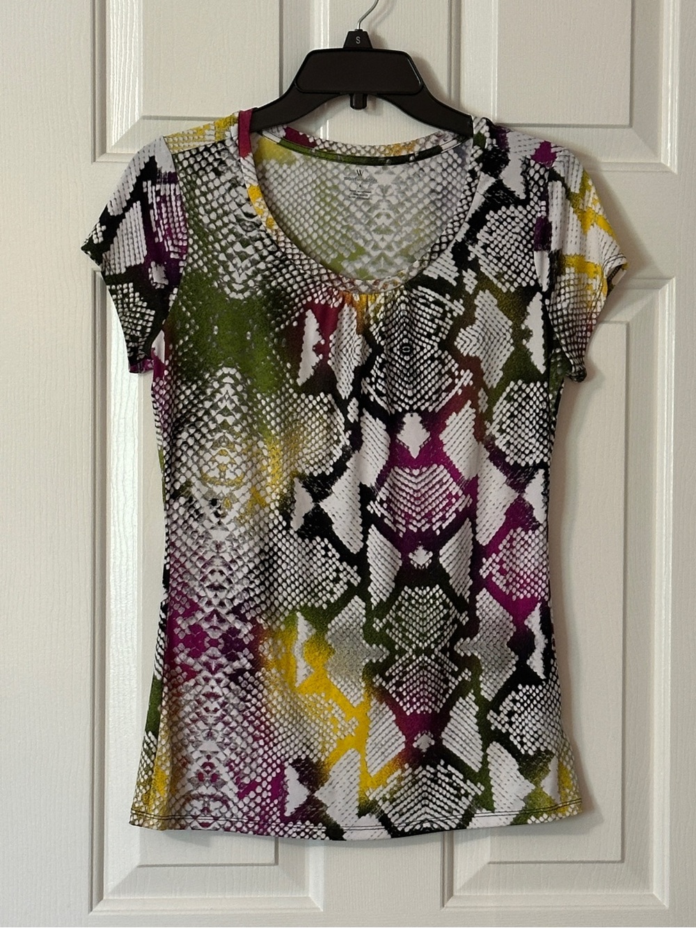 Worthington Short Sleeve Snake-Print Top in White, Olive, Magenta & Yellow